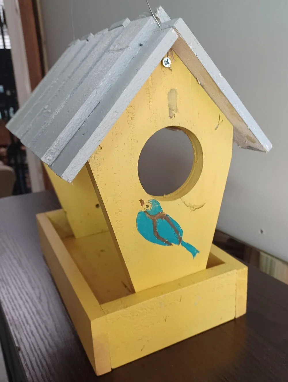Hand-Painted Wooden Hanging Bird House Yellow/Gray, Rectangle Front Entrance